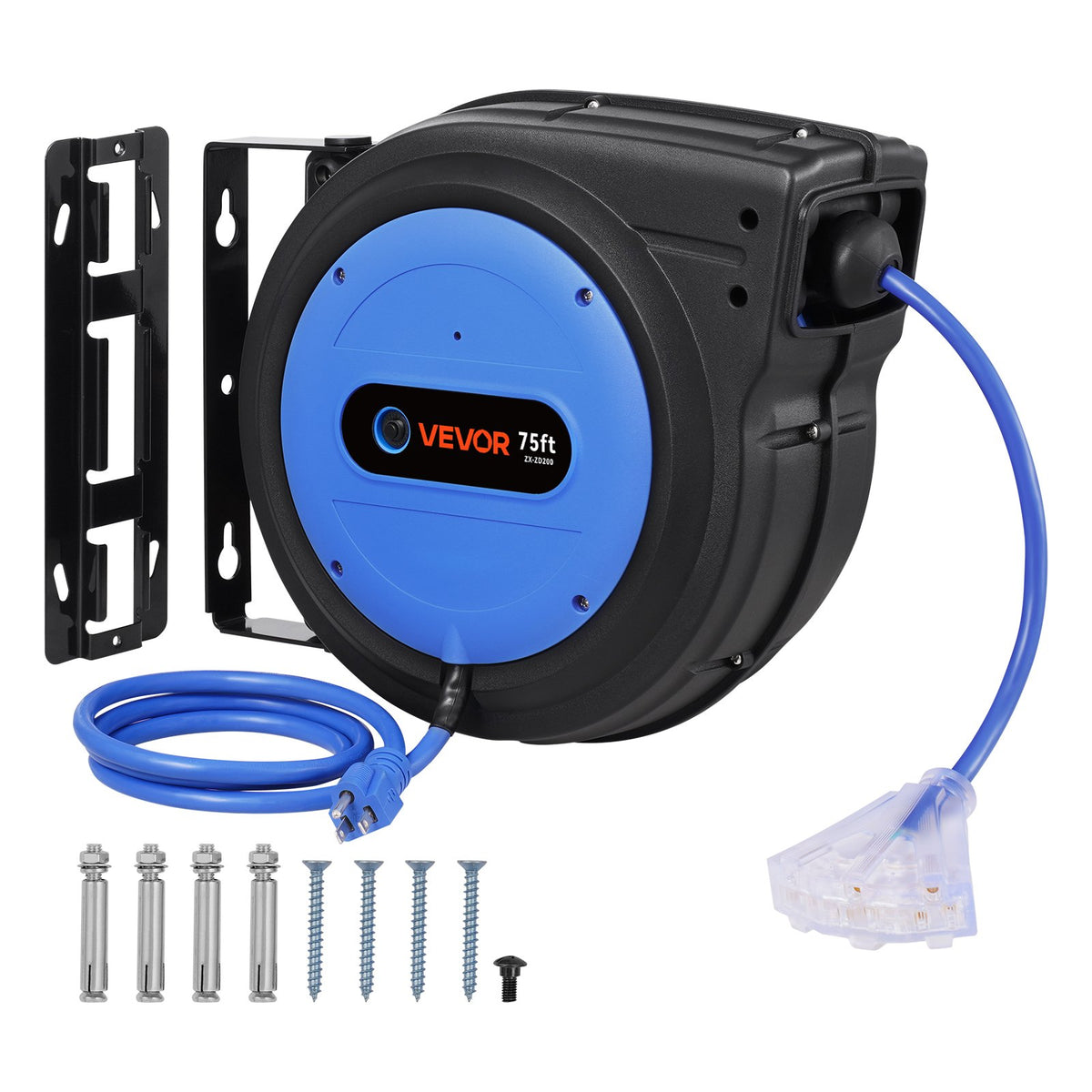 VEVOR Retractable Extension Cord Reel, 30 to 80 ft Heavy Duty 75 ft / Blue/Black
