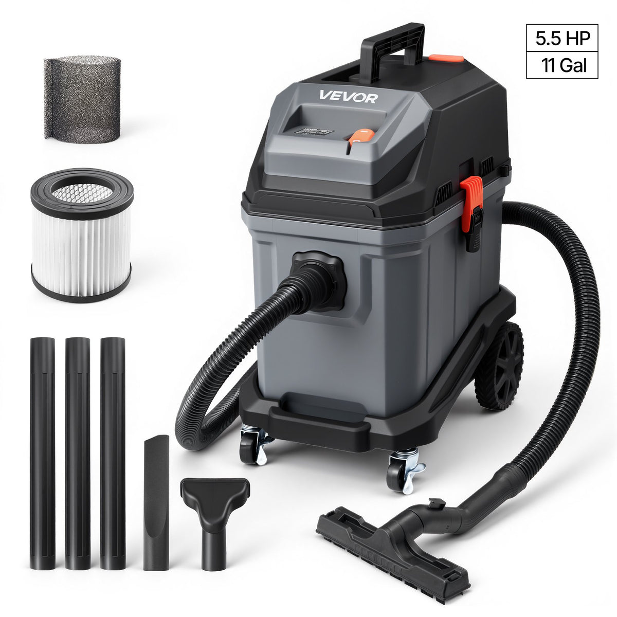 VEVOR Wet Dry Shop Vac 11 Gal, 5.5 Peak HP, Wet/Dry