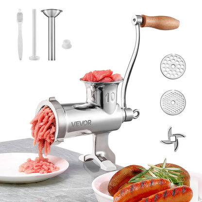 VEVOR Manual Meat Grinder, 304 Stainless Steel Hand Crank Meat Mincer and Sausage Maker with Grinding Plates for Beef, Pork, Chicken and Vegetables Table Clip / # 10