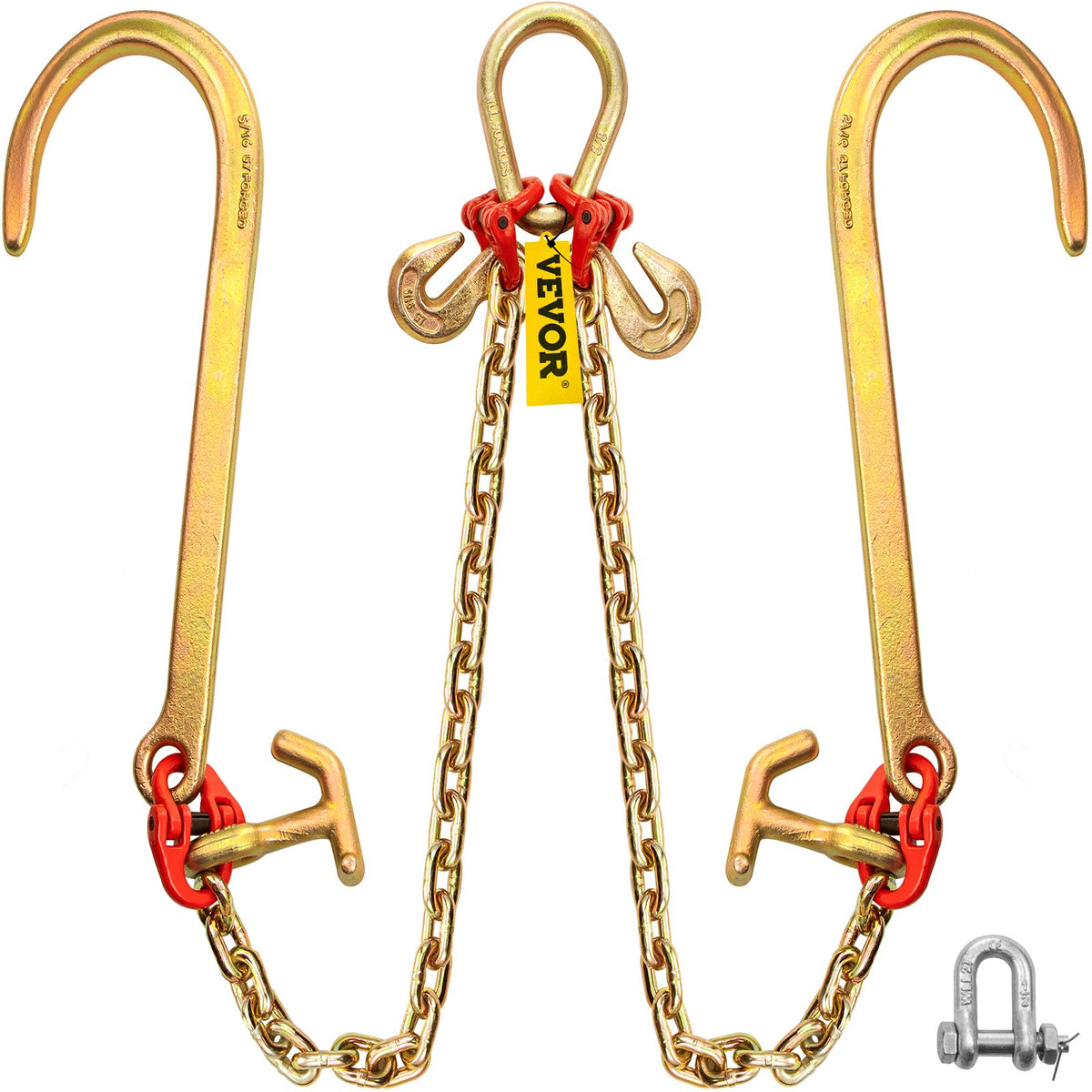 VEVOR G80 V Bridle Tow Chain 5/16 in / 2 ft, 1 Pack, J + R + Grab Hooks
