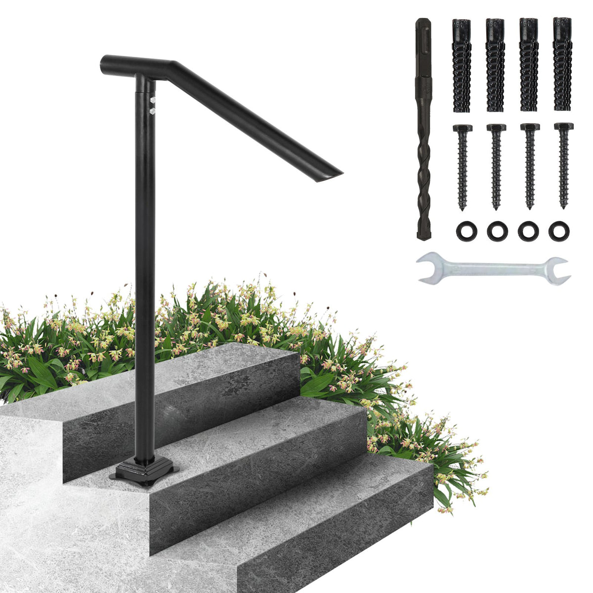 VEVOR Outdoor Stair Handrail, Iron Floor-Mounted Railing, 1- 2 to 3