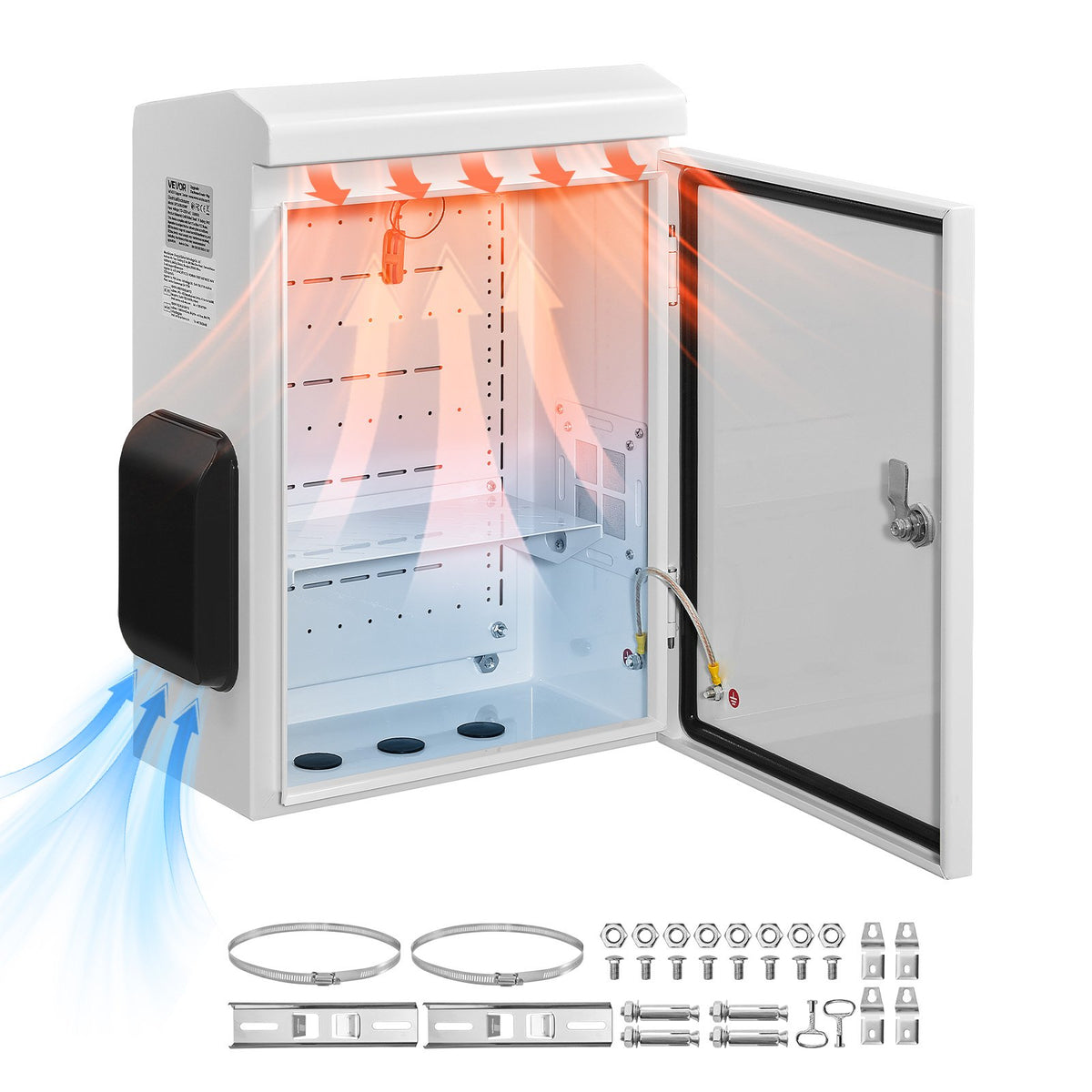 VEVOR Steel Electrical Enclosure Box, IP66 Waterproof Wall-Mounted Junction Box with Hinged Cover and Mounting Plate Ventilated with Thermostat & Fan / 20 x 16 x 8 in