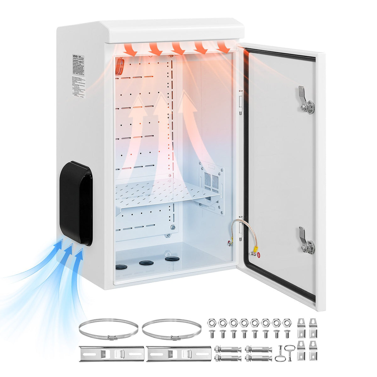 VEVOR Steel Electrical Enclosure Box, IP66 Waterproof Wall-Mounted Junction Box with Hinged Cover and Mounting Plate Ventilated with Thermostat & Fan / 24 x 16 x 12 in