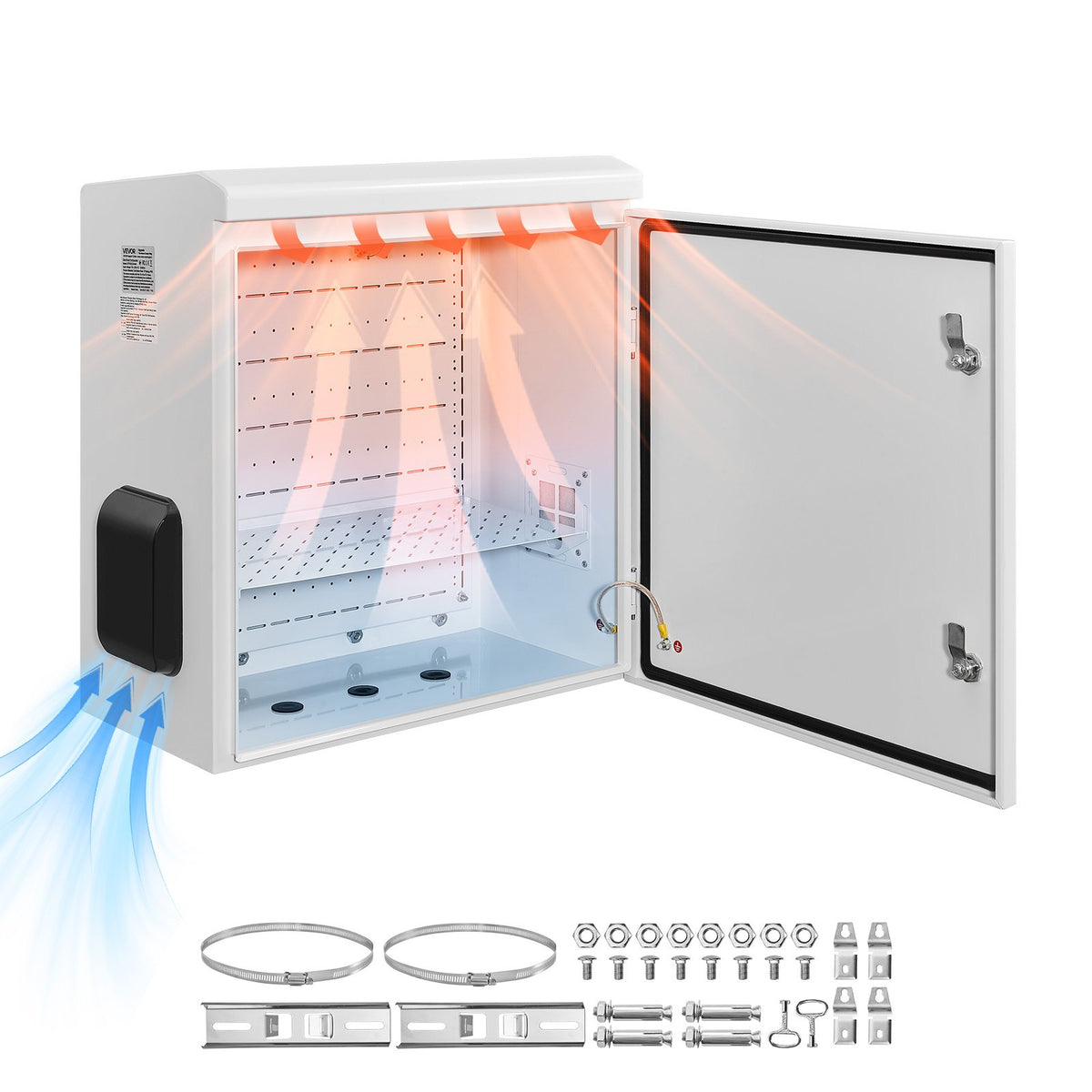 VEVOR Steel Electrical Enclosure Box, IP66 Waterproof Wall-Mounted Junction Box with Hinged Cover and Mounting Plate Ventilated with Thermostat & Fan / 24 x 24 x 12 in