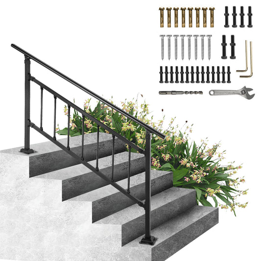 VEVOR Outdoor Stair Railing, Fits for 0-5 Steps Transitional Wrought Iron Handrail, Adjustable Exterior Stair Railing with Fence, Handrails for Concrete Steps with Installation Kit, Matte Black 26.7 inch
