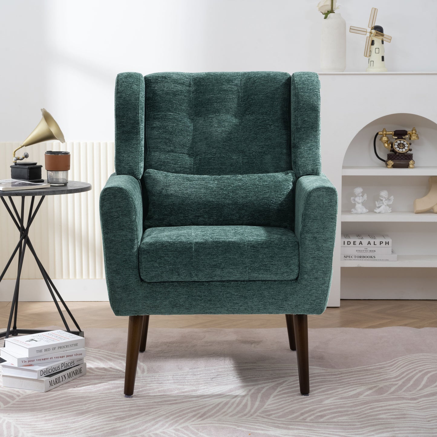 Modern Accent Chair,Chenille Arm Chairs for Living Room,Upholstered Mordern Armchair,Comfy Soft Padded Lounge Chair in Small Space, Bedroom, w/Pillow, Solid Wood Leg (Blackish Green) image 1