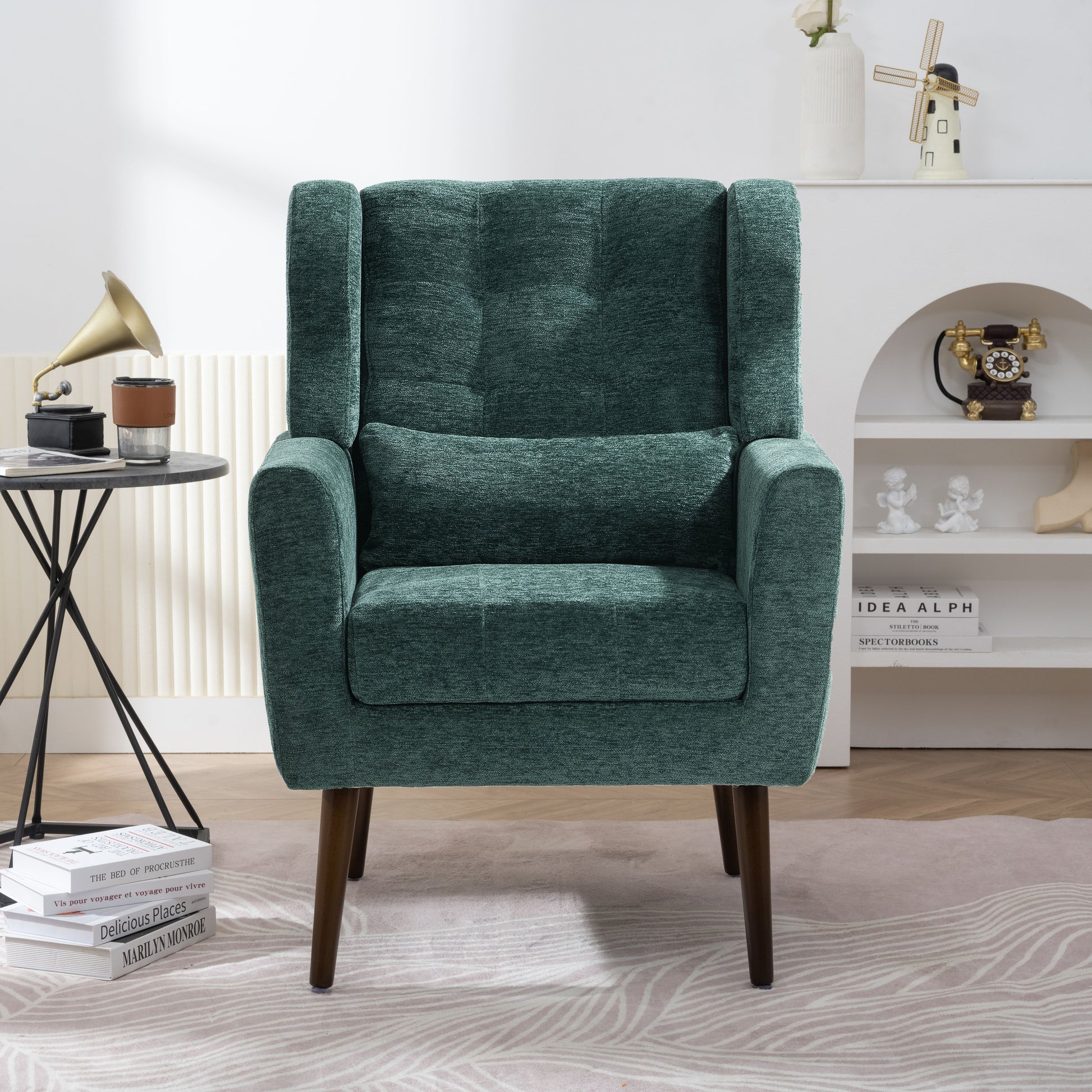 Modern Accent Chair,Chenille Arm Chairs for Living Room,Upholstered Mordern Armchair,Comfy Soft Padded Lounge Chair in Small Space, Bedroom, w/Pillow, Solid Wood Leg (Blackish Green) image 1