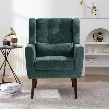 Modern Accent Chair,Chenille Arm Chairs for Living Room,Upholstered Mordern Armchair,Comfy Soft Padded Lounge Chair in Small Space, Bedroom, w/Pillow, Solid Wood Leg (Blackish Green) image 1