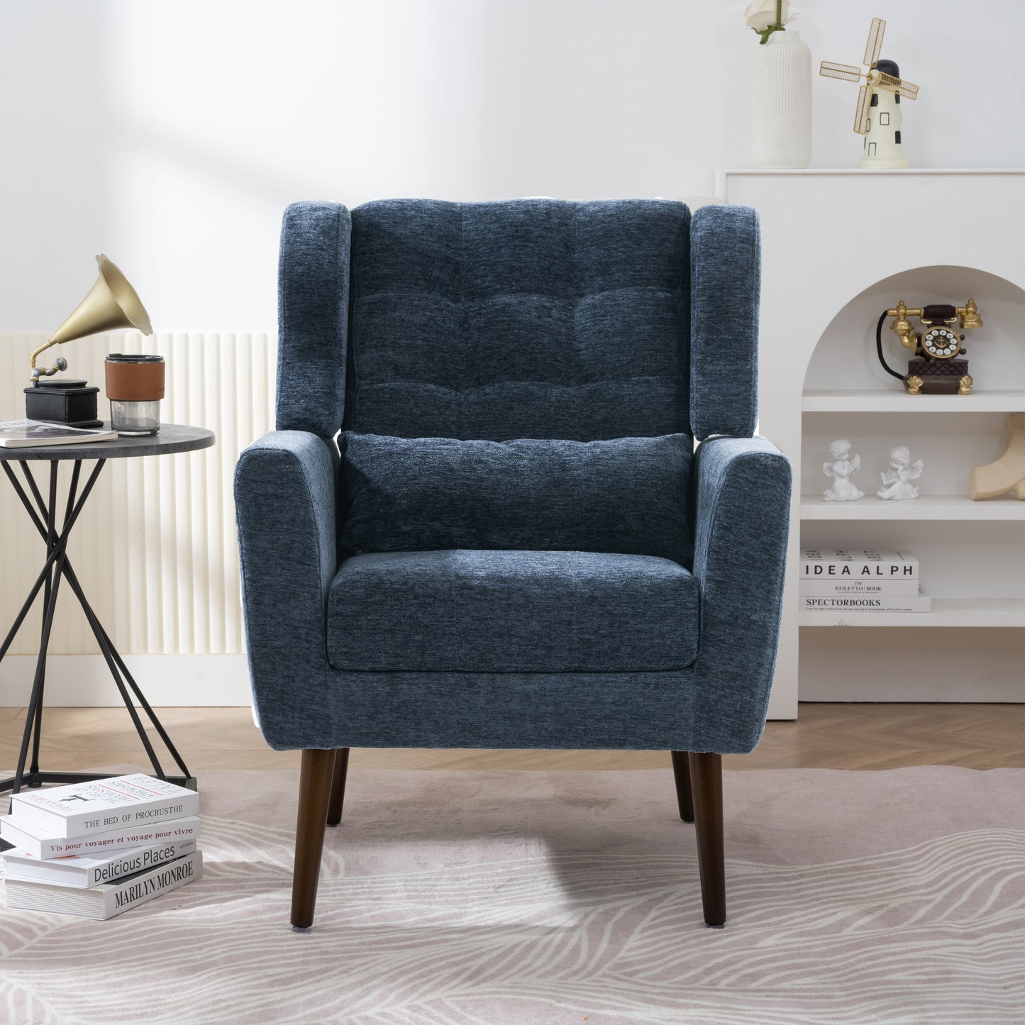 Modern Accent Chair,Chenille Arm Chairs for Living Room,Upholstered Mordern Armchair,Comfy Soft Padded Lounge Chair in Small Space, Bedroom, w/Pillow, Solid Wood Leg (Dark Blue) image 1