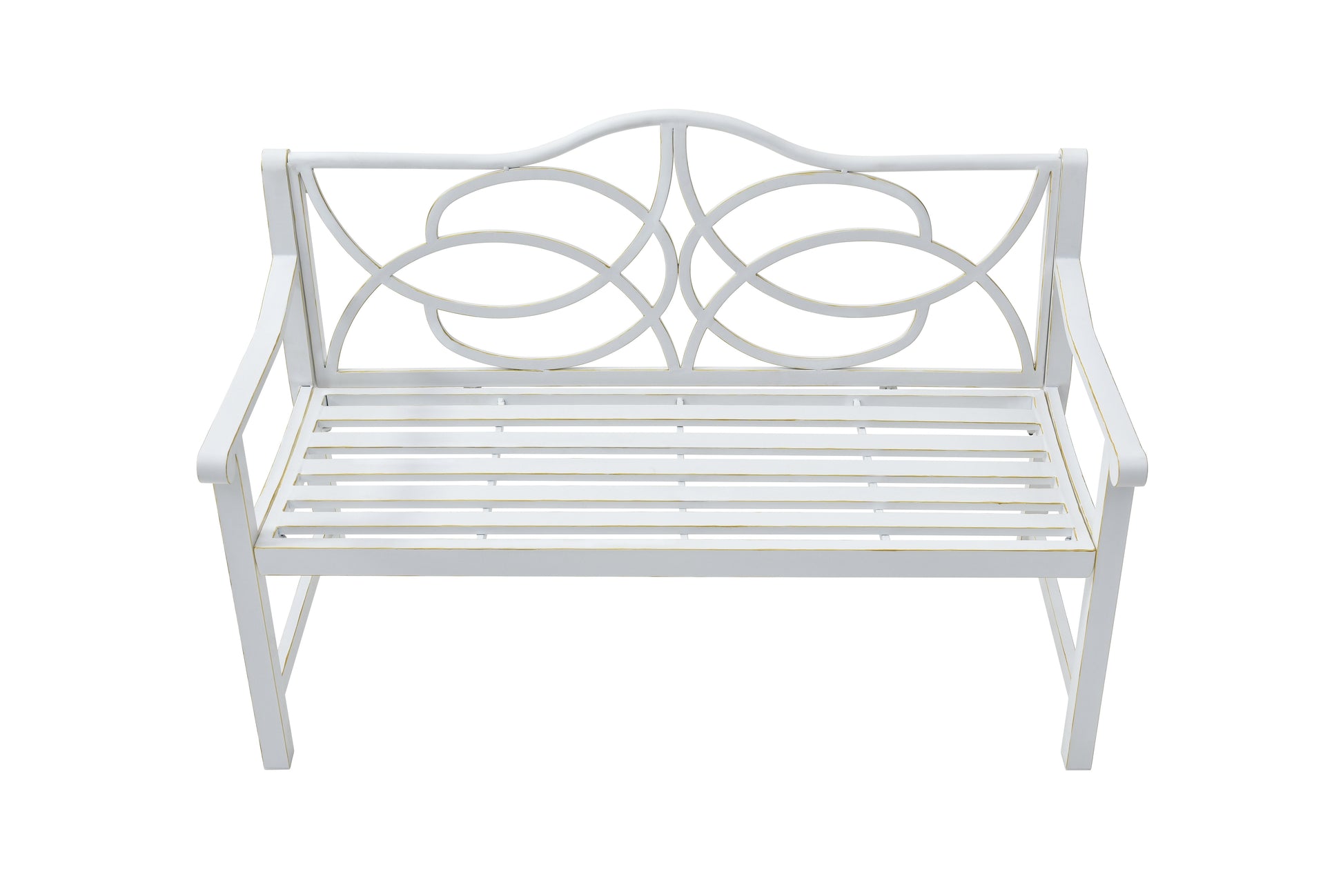 Outdoor Garden Patio Bench,Iron Metal Steel Frame Park Bench with Backrest and Armrest, Slatted Seat for Park, Yard & Porch, Balcony, Accommodates 2-3 People,White image 3