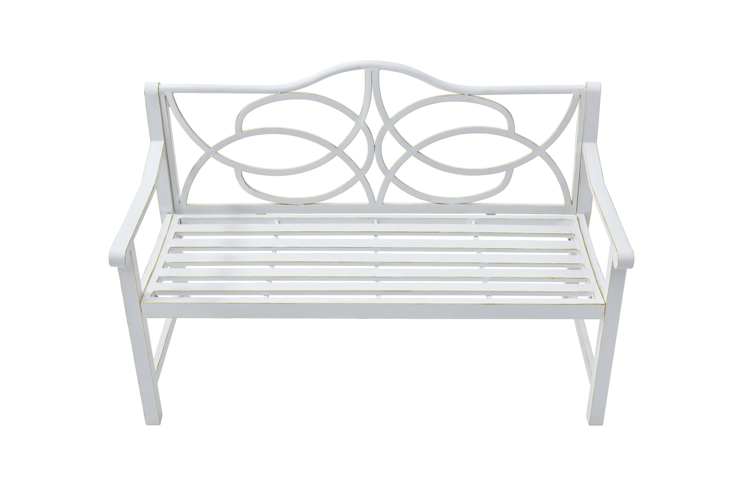 Outdoor Garden Patio Bench,Iron Metal Steel Frame Park Bench with Backrest and Armrest, Slatted Seat for Park, Yard & Porch, Balcony, Accommodates 2-3 People,White image 3