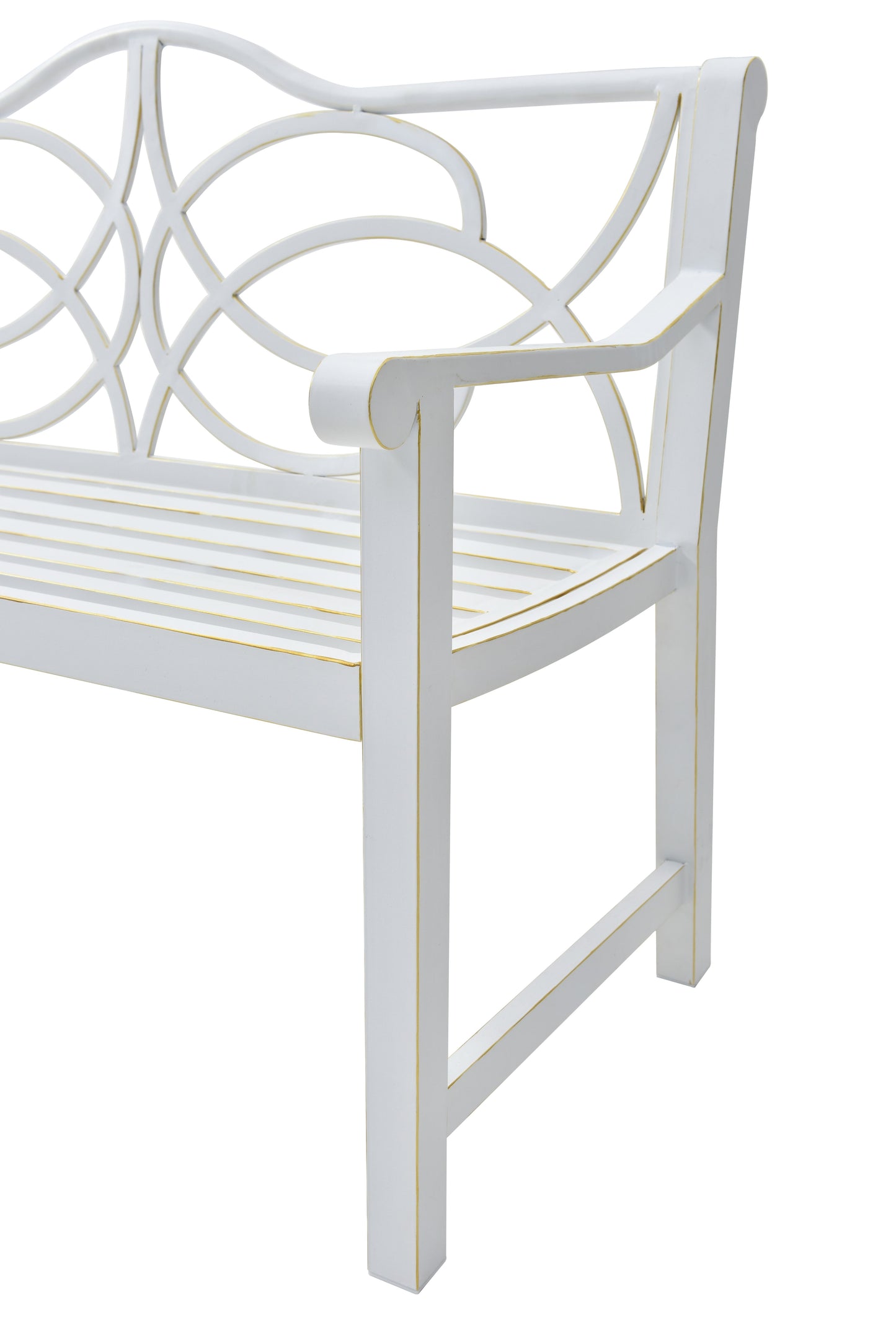 Outdoor Garden Patio Bench,Iron Metal Steel Frame Park Bench with Backrest and Armrest, Slatted Seat for Park, Yard & Porch, Balcony, Accommodates 2-3 People,White image 4