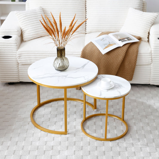 Set 2 Coffee Table Nesting White and gray top Golden Frame Circular Round and Marble Pattern Wooden Tables, Living Room Bedroom Apartment Modern Industrial Simple Nightstand image 1