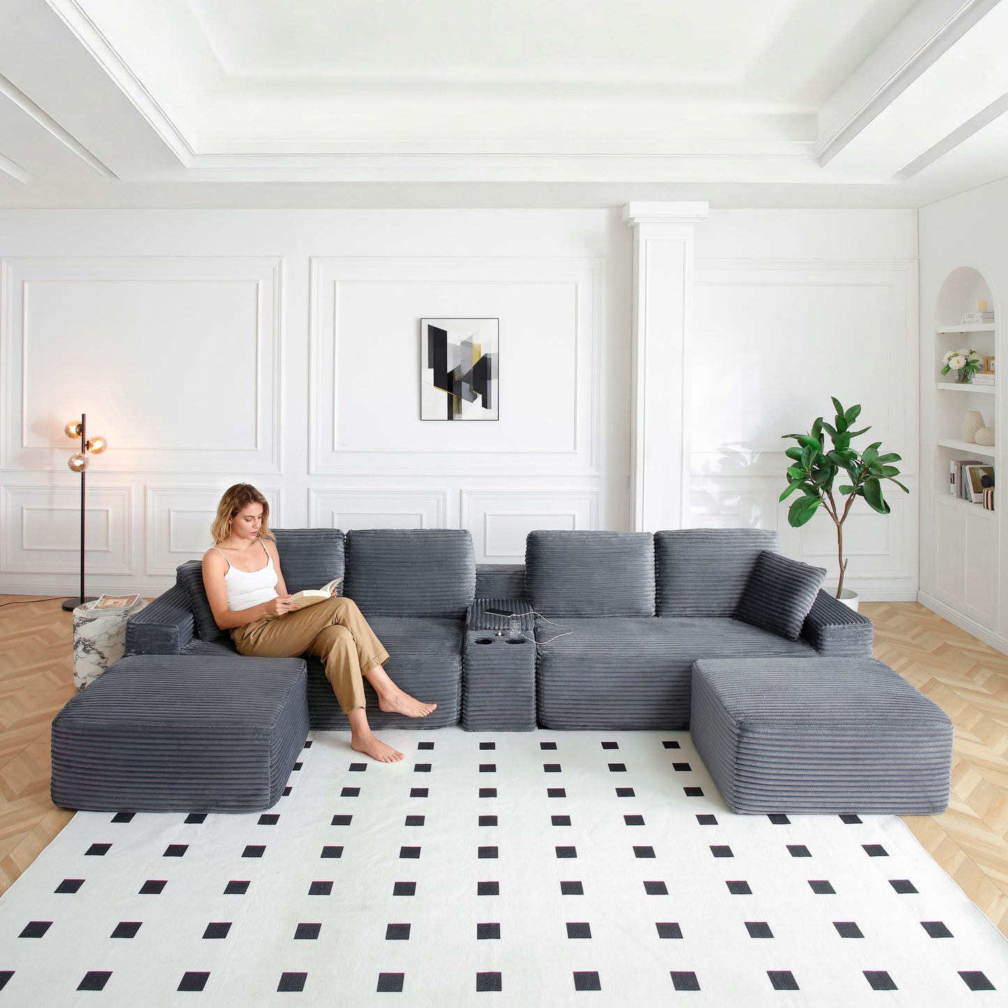 125'' Sectional Sofa With Two Ottomans, Cloud Couch with Deep Seat,L-Shape Sofa with Cup Holders and USB Ports,Upholstered Corduroy Couches for Living Room,Grey image 1