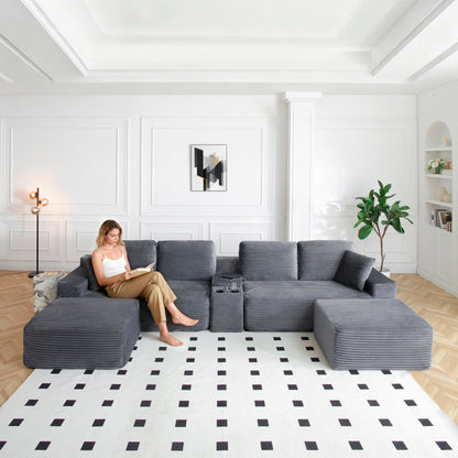 125'' Sectional Sofa With Two Ottomans, Cloud Couch with Deep Seat,L-Shape Sofa with Cup Holders and USB Ports,Upholstered Corduroy Couches for Living Room,Grey image 1