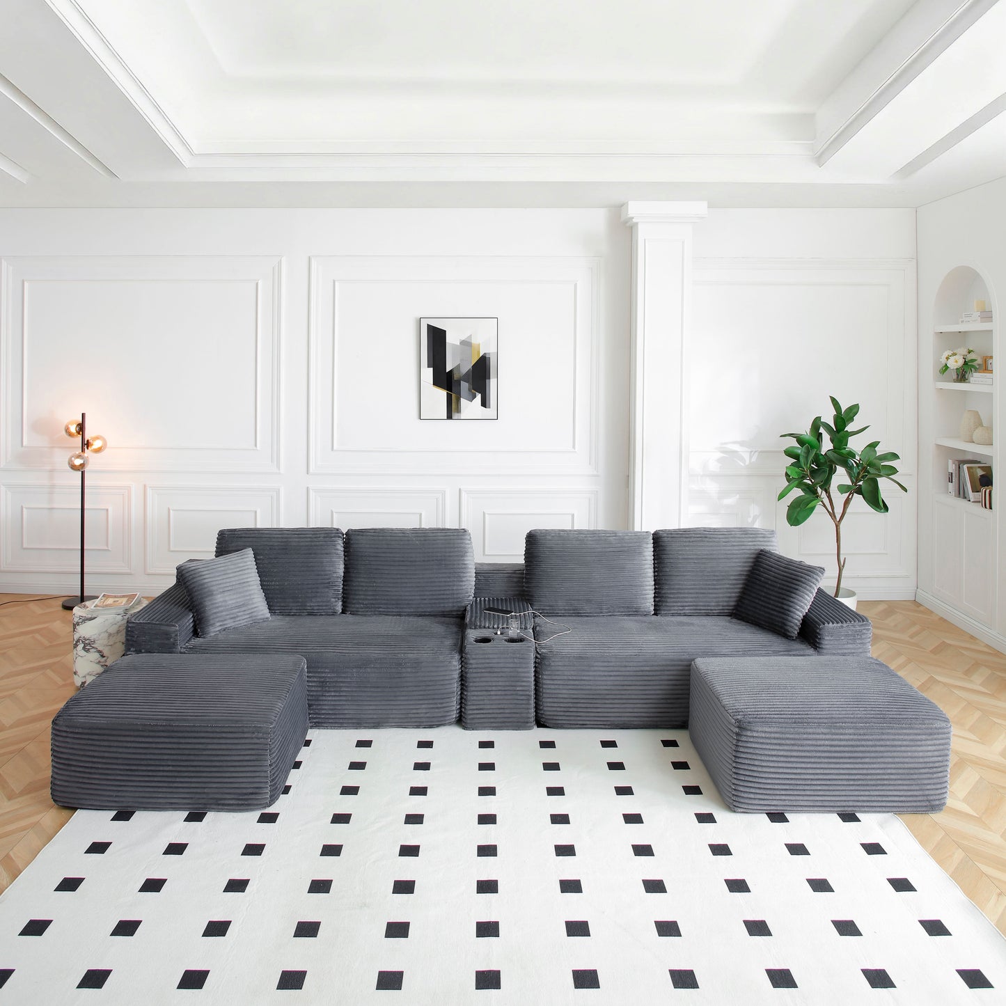 125'' Sectional Sofa With Two Ottomans, Cloud Couch with Deep Seat,L-Shape Sofa with Cup Holders and USB Ports,Upholstered Corduroy Couches for Living Room,Grey image 2