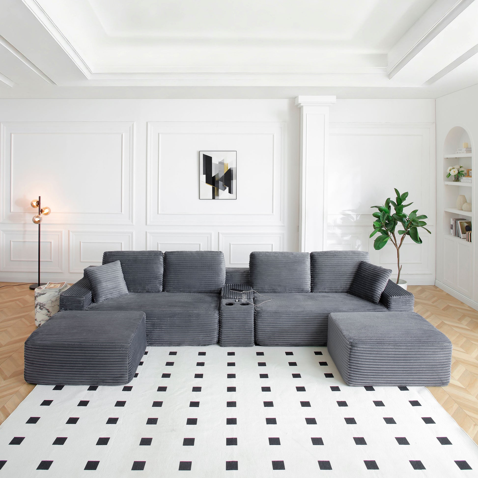 125'' Sectional Sofa With Two Ottomans, Cloud Couch with Deep Seat,L-Shape Sofa with Cup Holders and USB Ports,Upholstered Corduroy Couches for Living Room,Grey image 2