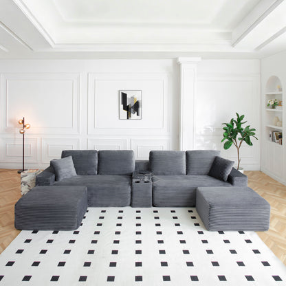 125'' Sectional Sofa With Two Ottomans, Cloud Couch with Deep Seat,L-Shape Sofa with Cup Holders and USB Ports,Upholstered Corduroy Couches for Living Room,Grey image 2