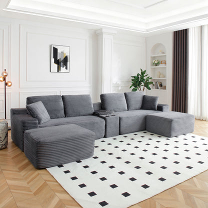 125'' Sectional Sofa With Two Ottomans, Cloud Couch with Deep Seat,L-Shape Sofa with Cup Holders and USB Ports,Upholstered Corduroy Couches for Living Room,Grey image 3