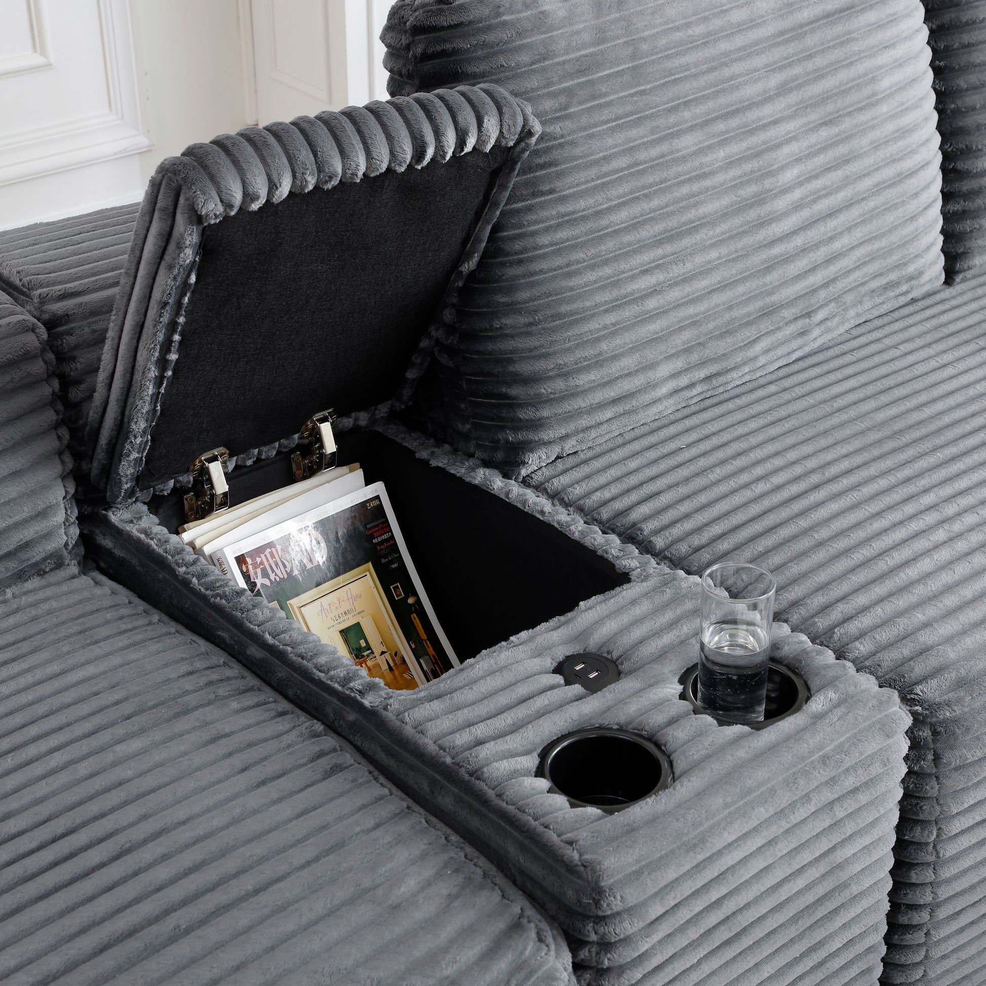 125'' Sectional Sofa With Two Ottomans, Cloud Couch with Deep Seat,L-Shape Sofa with Cup Holders and USB Ports,Upholstered Corduroy Couches for Living Room,Grey image 4