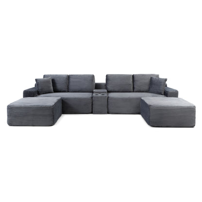 125'' Sectional Sofa With Two Ottomans, Cloud Couch with Deep Seat,L-Shape Sofa with Cup Holders and USB Ports,Upholstered Corduroy Couches for Living Room,Grey image 7