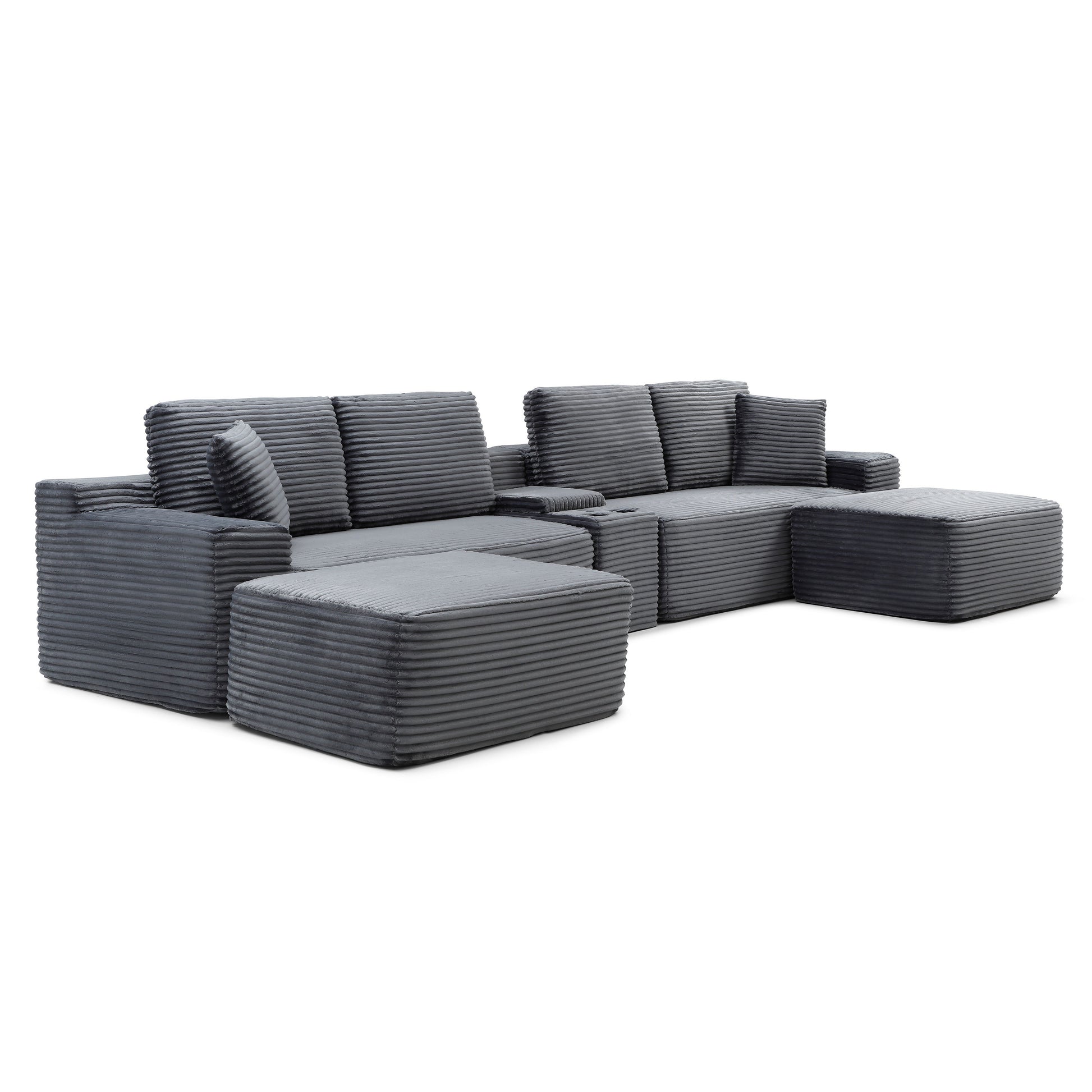 125'' Sectional Sofa With Two Ottomans, Cloud Couch with Deep Seat,L-Shape Sofa with Cup Holders and USB Ports,Upholstered Corduroy Couches for Living Room,Grey image 8