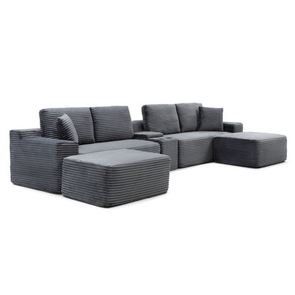 125'' Sectional Sofa With Two Ottomans, Cloud Couch with Deep Seat,L-Shape Sofa with Cup Holders and USB Ports,Upholstered Corduroy Couches for Living Room,Grey image 8