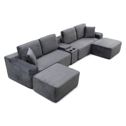 125'' Sectional Sofa With Two Ottomans, Cloud Couch with Deep Seat,L-Shape Sofa with Cup Holders and USB Ports,Upholstered Corduroy Couches for Living Room,Grey image 9
