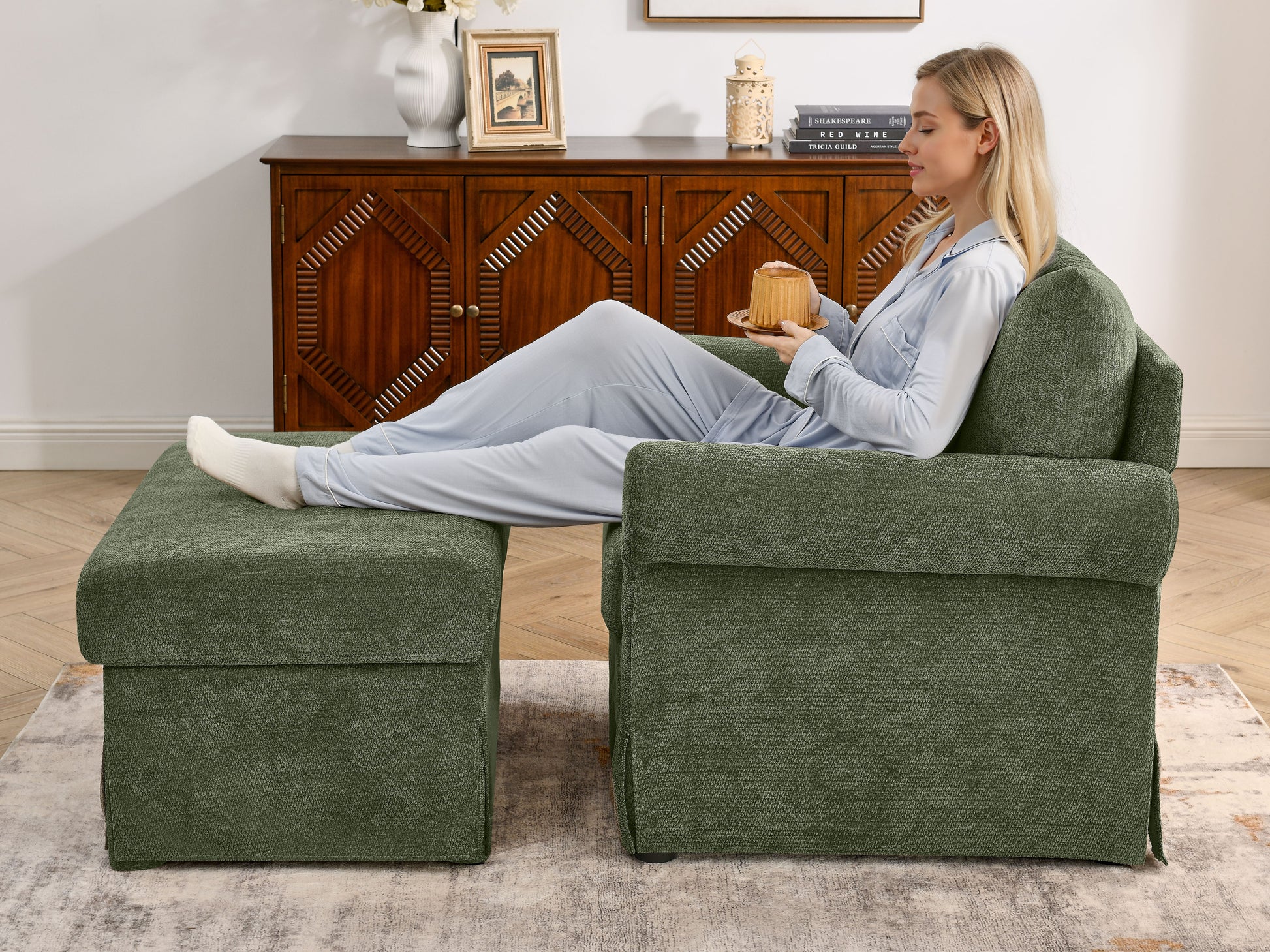 37.5" Accent Chair with Ottoman, Plush Chenille Upholstered Armchair, Stylish Single Sofa Chair for Living Room, Bedroom, Apartment image 7