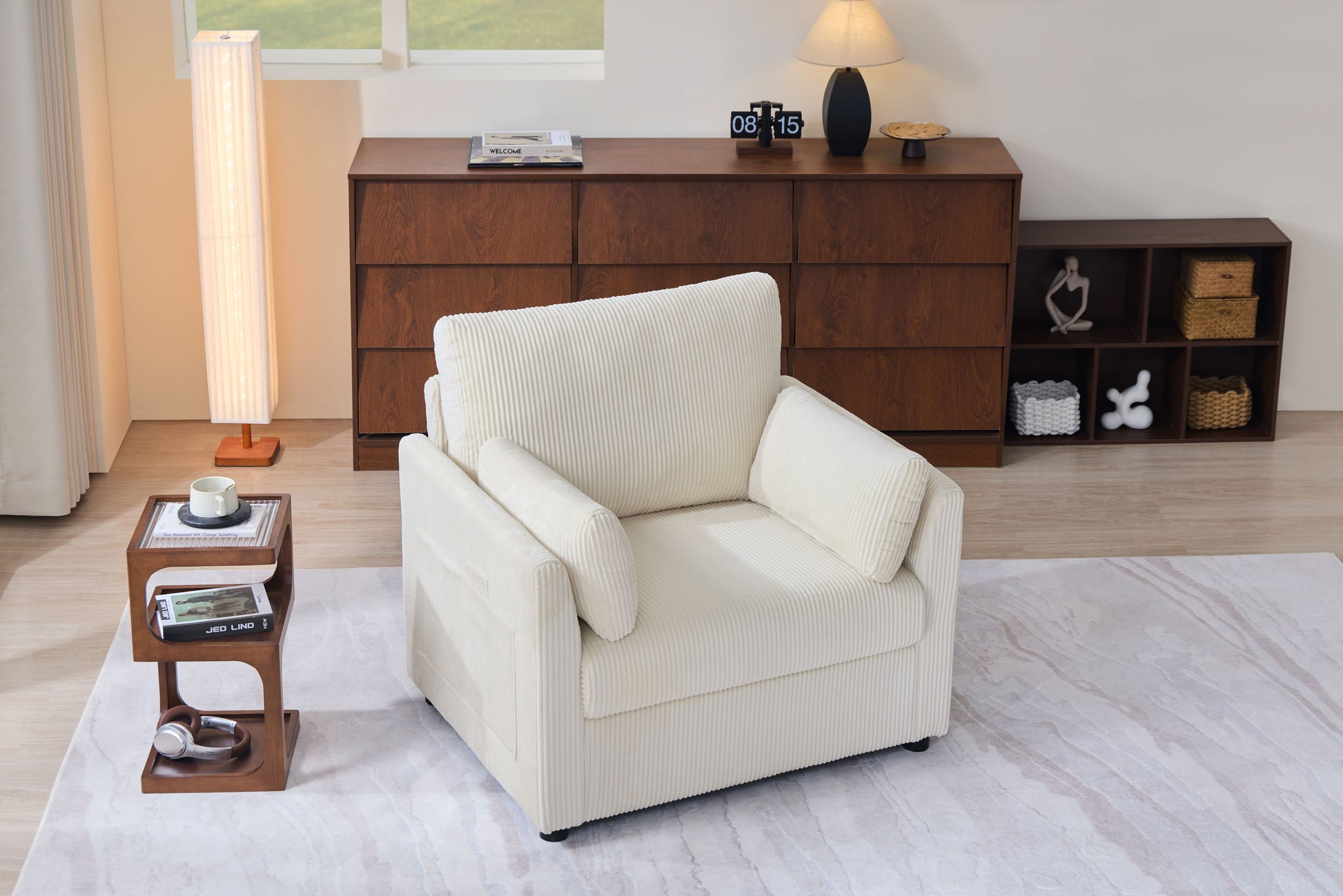 37.75" Corduroy Accent Chair with Side Storage Pockets, Modern Upholstered Single Sofa Armchair with 2 Pillows, Comfy Oversized Reading Chair for Living Room, Bedroom, Apartment image 1