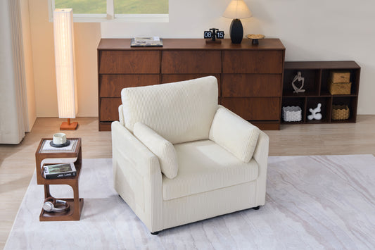 Corduroy accent chair with side storage pockets front view