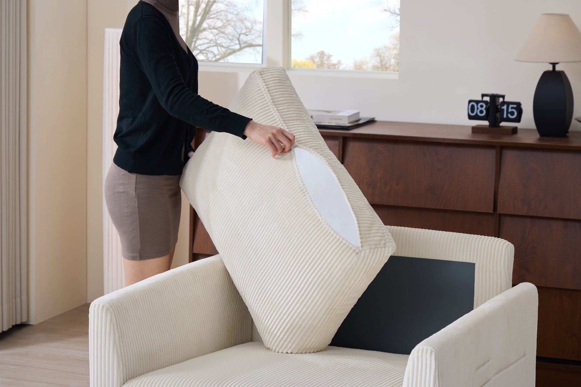 37.75" Corduroy Accent Chair with Side Storage Pockets, Modern Upholstered Single Sofa Armchair with 2 Pillows, Comfy Oversized Reading Chair for Living Room, Bedroom, Apartment image 4