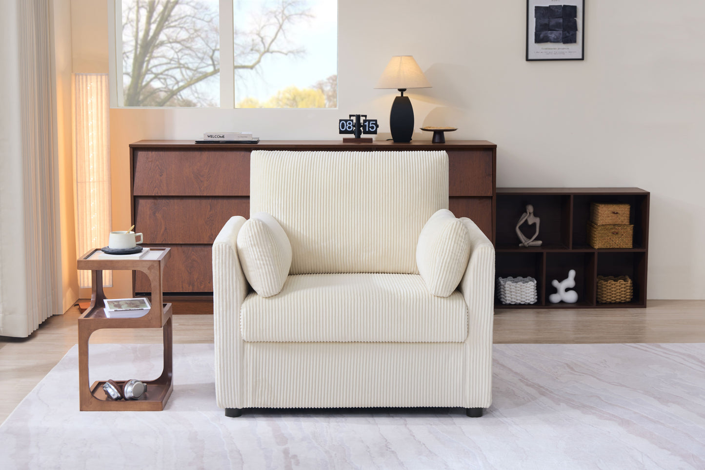 37.75" Corduroy Accent Chair with Side Storage Pockets, Modern Upholstered Single Sofa Armchair with 2 Pillows, Comfy Oversized Reading Chair for Living Room, Bedroom, Apartment image 5