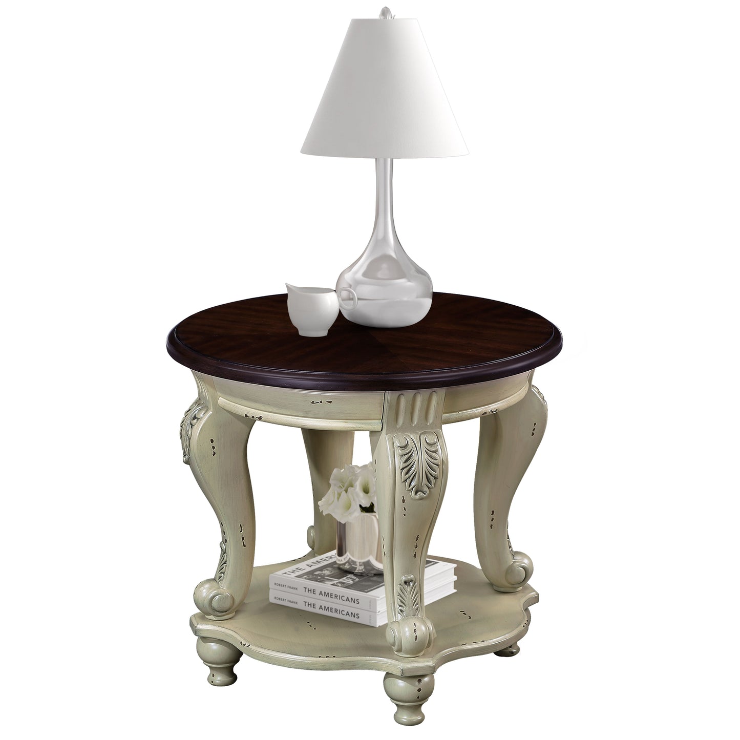 22'' Two Tone Round End Table,Solid Wood Sofa Side Table with Shelf,Living Room Corner Table Easy Assemble,Beige and Espresso Top image 1