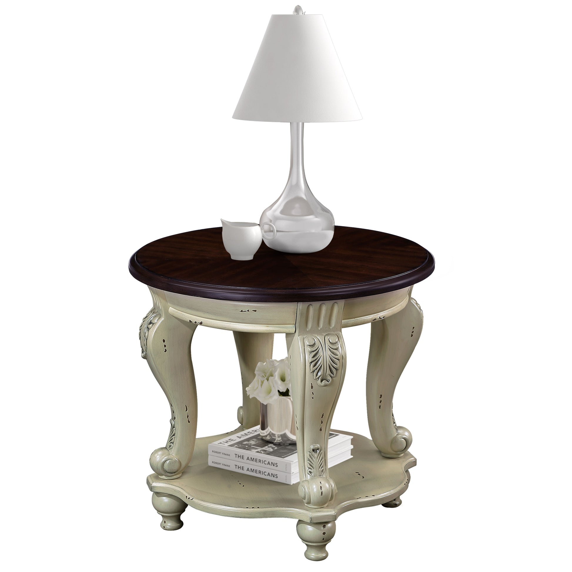 22'' Two Tone Round End Table,Solid Wood Sofa Side Table with Shelf,Living Room Corner Table Easy Assemble,Beige and Espresso Top image 1