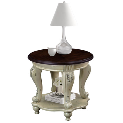 22'' Two Tone Round End Table,Solid Wood Sofa Side Table with Shelf,Living Room Corner Table Easy Assemble,Beige and Espresso Top image 1