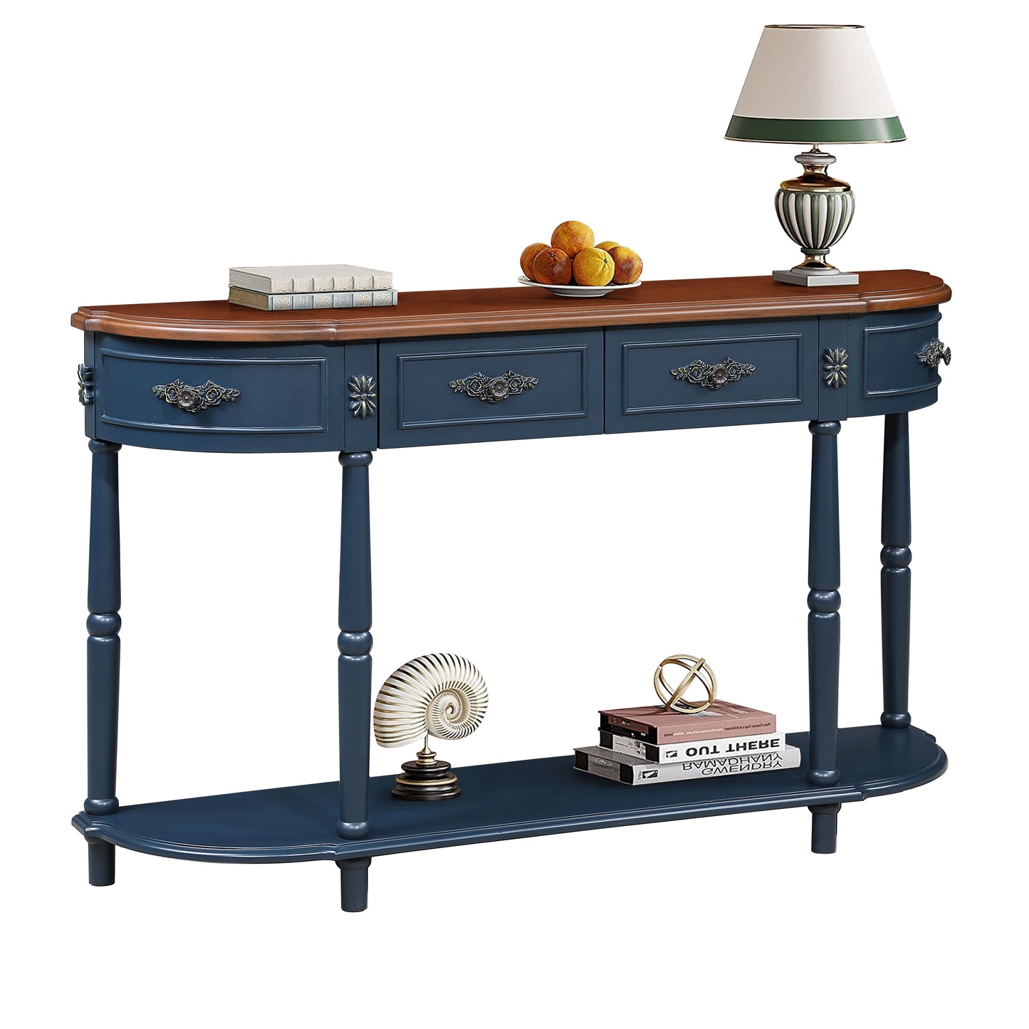 Retro Curved Wood Console Table, 52 inch Circular Half Moon Sofa Table with Open Shelf and 2 Drawers, Solid Wood Entry Table for Living Room, Hallway, Navy Blue + Brown Top image 1