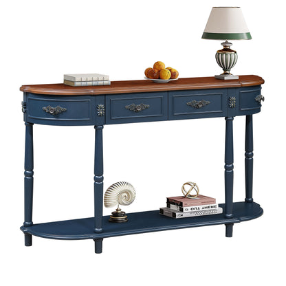 Retro Curved Wood Console Table, 52 inch Circular Half Moon Sofa Table with Open Shelf and 2 Drawers, Solid Wood Entry Table for Living Room, Hallway, Navy Blue + Brown Top image 1