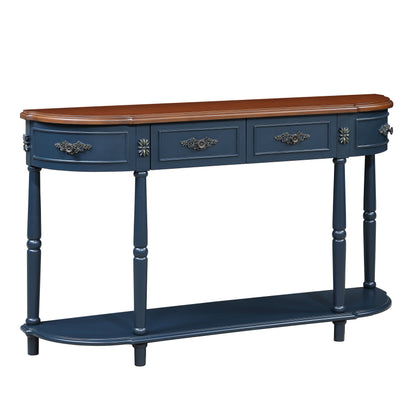 Retro Curved Wood Console Table, 52 inch Circular Half Moon Sofa Table with Open Shelf and 2 Drawers, Solid Wood Entry Table for Living Room, Hallway, Navy Blue + Brown Top image 10