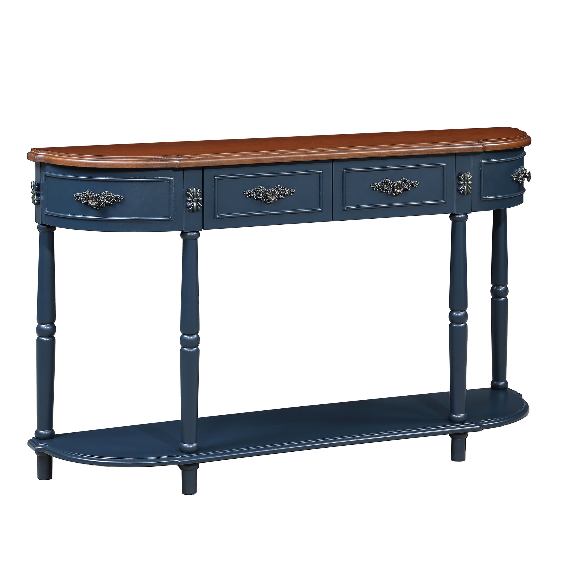 Retro Curved Wood Console Table, 52 inch Circular Half Moon Sofa Table with Open Shelf and 2 Drawers, Solid Wood Entry Table for Living Room, Hallway, Navy Blue + Brown Top image 10
