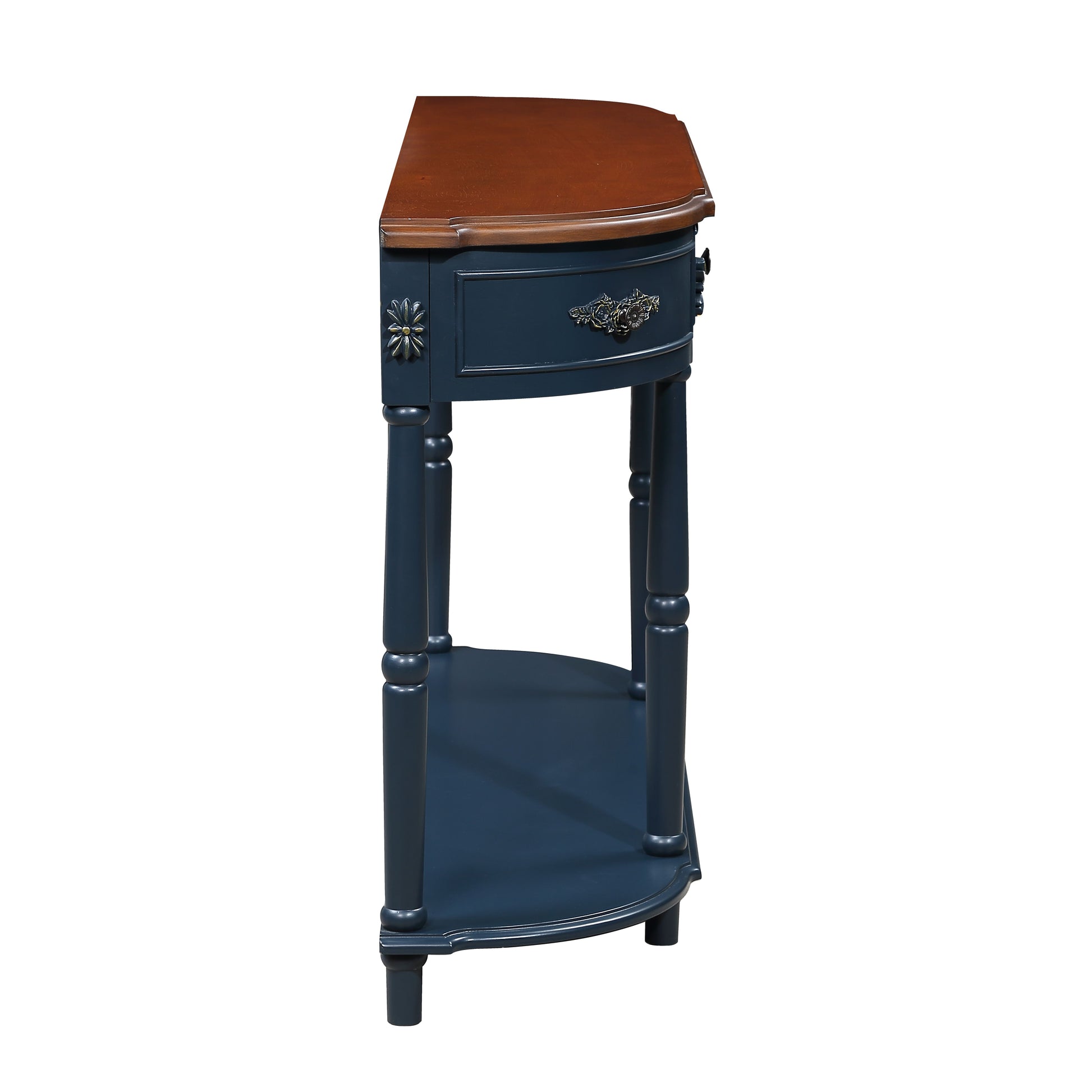 Retro Curved Wood Console Table, 52 inch Circular Half Moon Sofa Table with Open Shelf and 2 Drawers, Solid Wood Entry Table for Living Room, Hallway, Navy Blue + Brown Top image 11