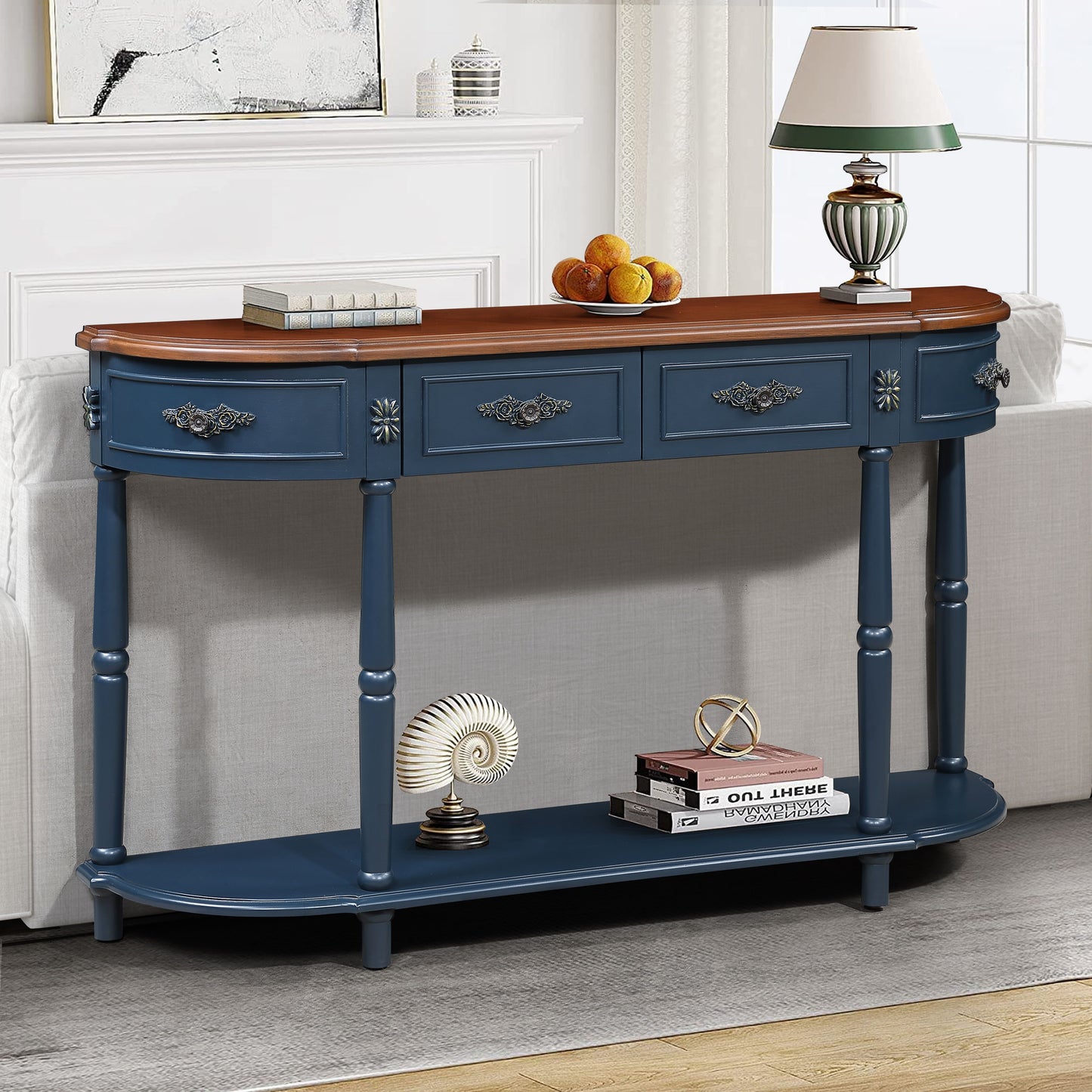 Retro Curved Wood Console Table, 52 inch Circular Half Moon Sofa Table with Open Shelf and 2 Drawers, Solid Wood Entry Table for Living Room, Hallway, Navy Blue + Brown Top image 2