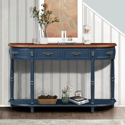 Retro Curved Wood Console Table, 52 inch Circular Half Moon Sofa Table with Open Shelf and 2 Drawers, Solid Wood Entry Table for Living Room, Hallway, Navy Blue + Brown Top image 3