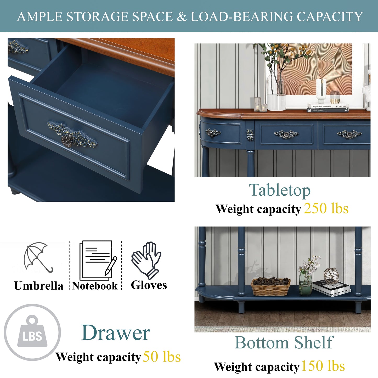 Retro Curved Wood Console Table, 52 inch Circular Half Moon Sofa Table with Open Shelf and 2 Drawers, Solid Wood Entry Table for Living Room, Hallway, Navy Blue + Brown Top image 4