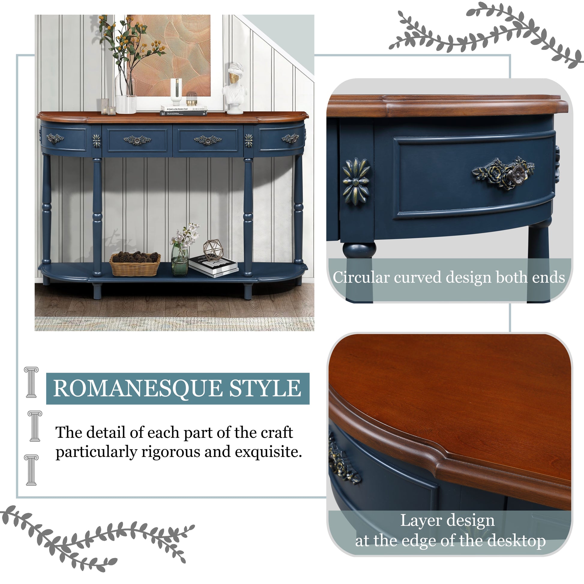 Retro Curved Wood Console Table, 52 inch Circular Half Moon Sofa Table with Open Shelf and 2 Drawers, Solid Wood Entry Table for Living Room, Hallway, Navy Blue + Brown Top image 6