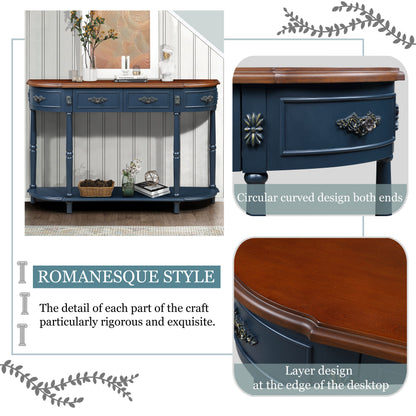 Retro Curved Wood Console Table, 52 inch Circular Half Moon Sofa Table with Open Shelf and 2 Drawers, Solid Wood Entry Table for Living Room, Hallway, Navy Blue + Brown Top image 6