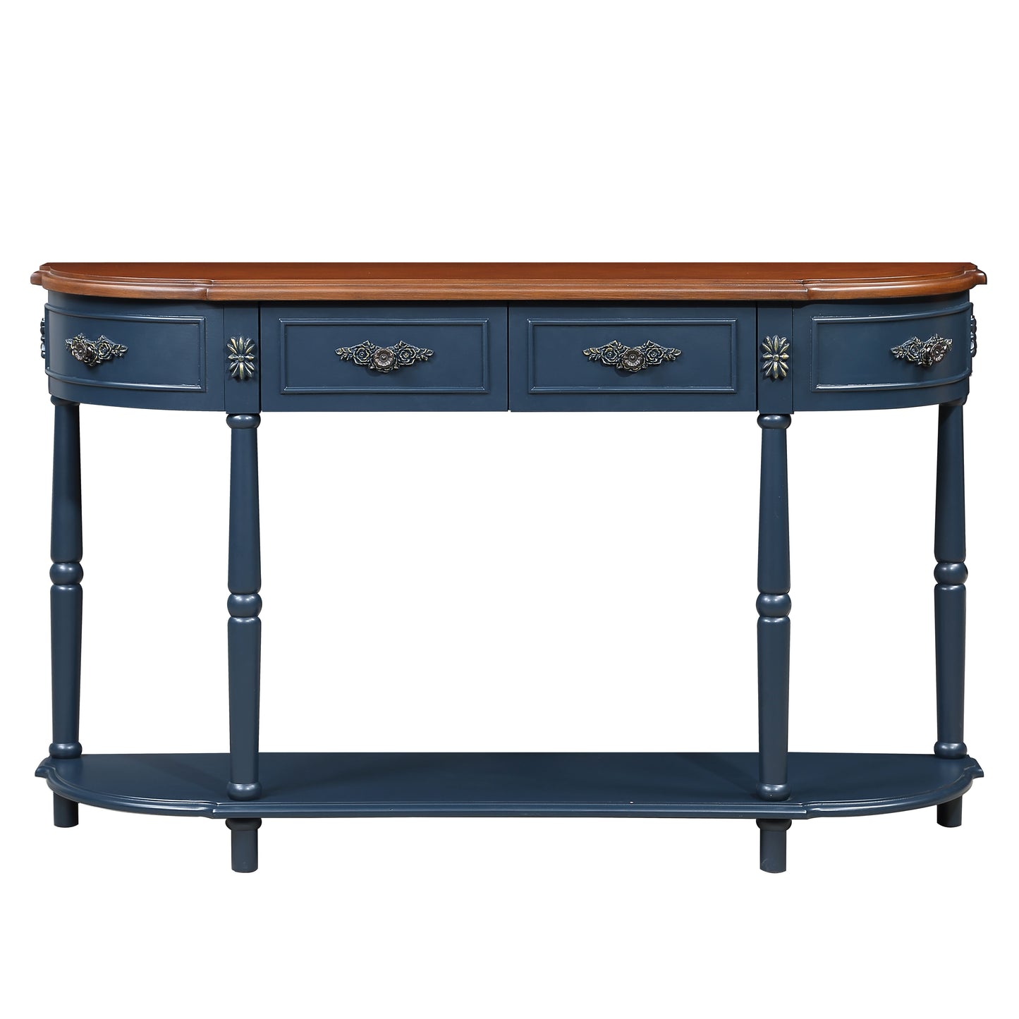Retro Curved Wood Console Table, 52 inch Circular Half Moon Sofa Table with Open Shelf and 2 Drawers, Solid Wood Entry Table for Living Room, Hallway, Navy Blue + Brown Top image 8