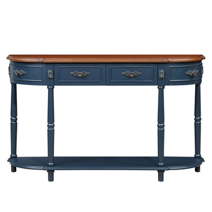 Retro Curved Wood Console Table, 52 inch Circular Half Moon Sofa Table with Open Shelf and 2 Drawers, Solid Wood Entry Table for Living Room, Hallway, Navy Blue + Brown Top image 8