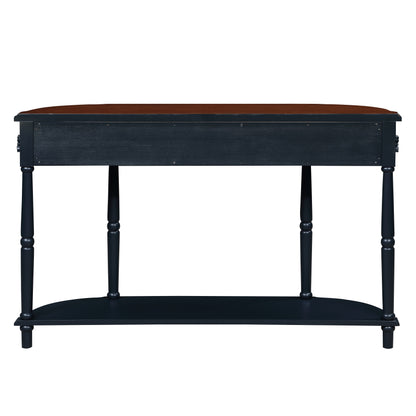 Retro Curved Wood Console Table, 52 inch Circular Half Moon Sofa Table with Open Shelf and 2 Drawers, Solid Wood Entry Table for Living Room, Hallway, Navy Blue + Brown Top image 9