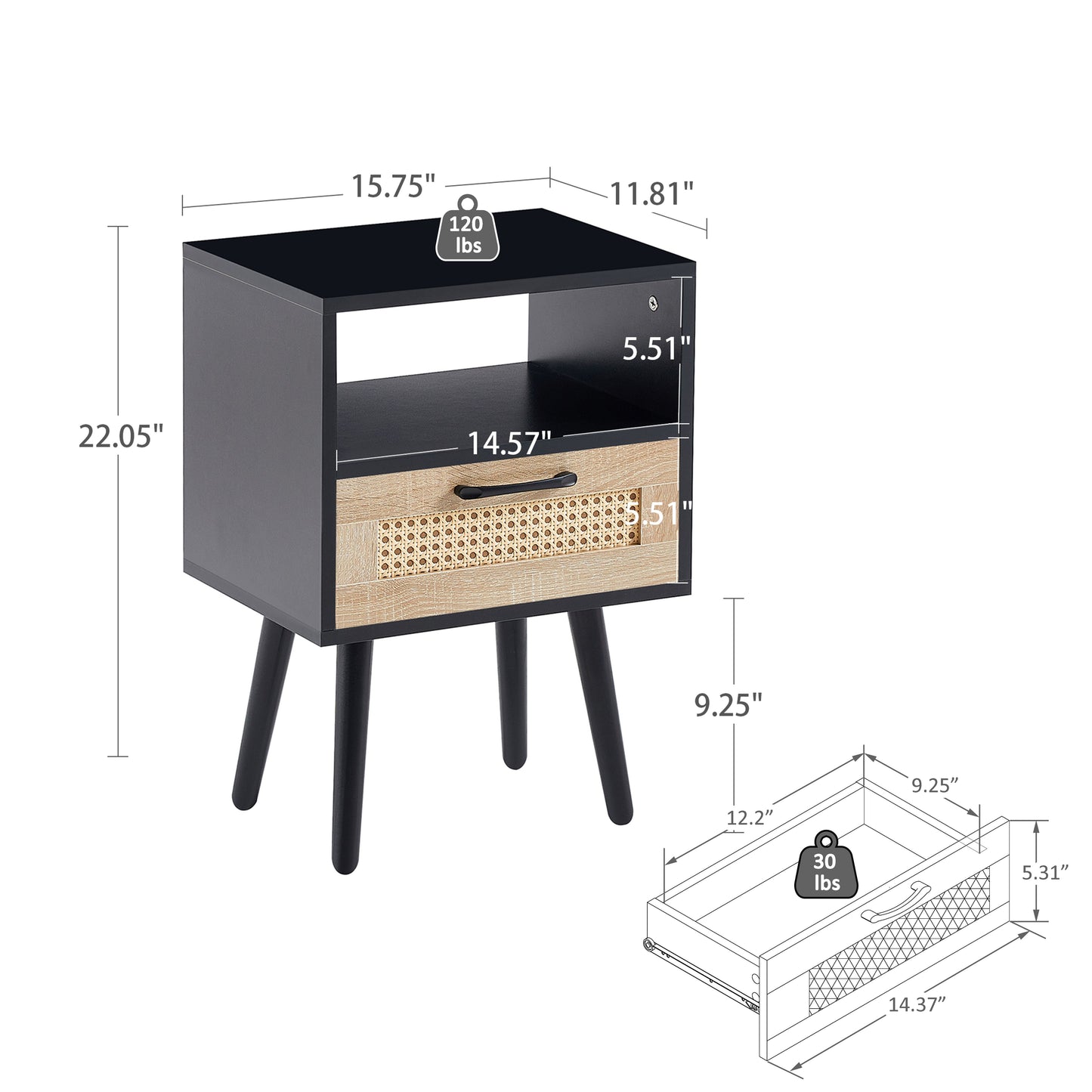 15.75" Rattan End table with drawer and solid wood legs, Modern nightstand, side table for living room, bedroom, black image 4